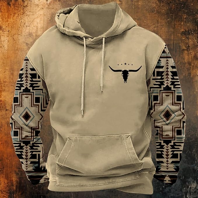 HOTYD Mens Western Aztec Sweatshirts Long Sleeve Fall Fashion Drawstring Pullover Vintage Graphic Cowboy Hoodie for Men