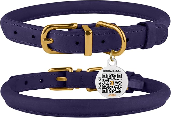 BronzeDog Rolled Leather Dog Collar with QR ID Tag, Adjustable Soft Round Collars for Small Medium Large Dogs Puppy (11" - 14 1/2" Neck Size, Violet)