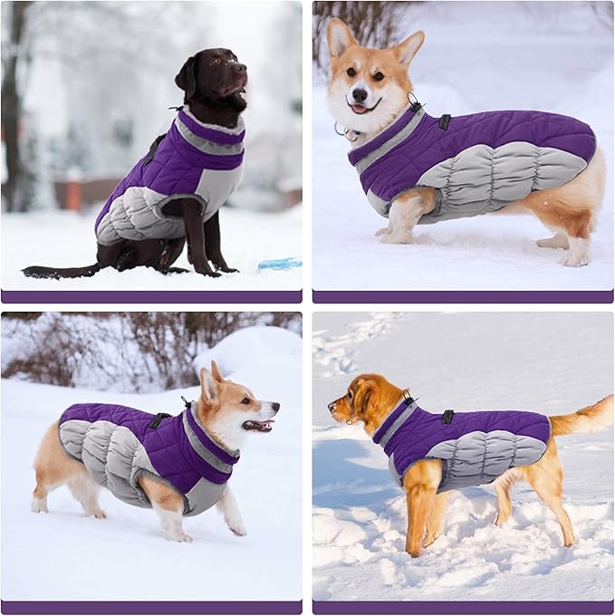 FUAMEY Dog Coat for Large Dogs,Waterproof Dog Winter Jacket with Harness Built in Puppy Cold Weather Coats Reflective Pet Vest with Zipper Warm Fleece Dogs Snowsuit Windproof Purple XXXL