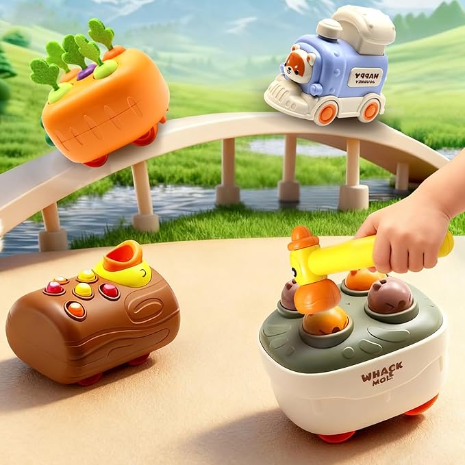 Press and Go Toddler Car Toys, Baby Push Car with Whack-A-Mole, Woodpecker Worm, Carrot Harvest Game, Train Toys for Toddlers 3-5, Racing Truck Toy, Kids Sensory Learning Birthday