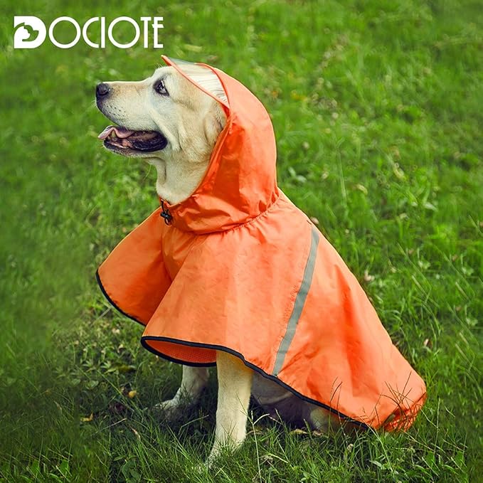 Dog Raincoat with Adjustable Belly Strap and Leash Hole - Hoodie with Reflective Strip - Waterproof Slicker Lightweight Breathable Rain Poncho Jacket for Medium Large Dogs - Easy to Wear, Orange 5XL