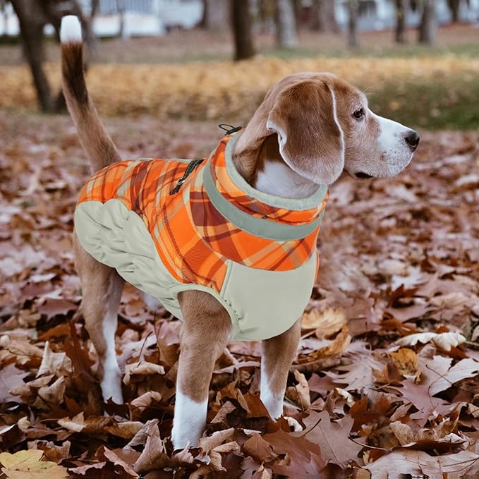 Lelepet Warm Dog Winter Coat Dog Coats for Large Dogs Waterproof Dogs Jacket with Harness Built in Reflective Cold Weather Coats Windproof Zip-Up Winter Fleece Vest Snowsuit Boxer Orange Plaid XL
