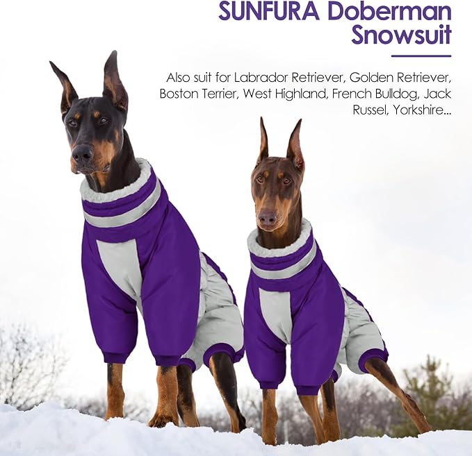 SUNFURA Full Body Dog Coat - Warm Fleece Jacket for Large Dogs, Turtleneck Winter Coats with Harness, Reflective Dog Snowsuit Windproof Puffer Jackets with Legs for Weimaraner, Purple XL