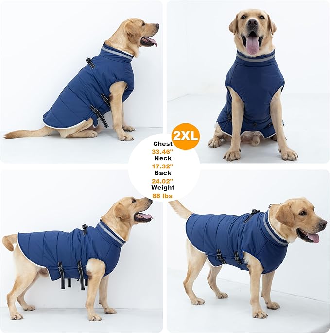 Large Dog Coat with Harness Built-in, Waterproof Reflective Fleece Lined - Warm Windproof Winter Jacket with Back Zipper, Cold Weather Snow Dog Coats - Blue - XL