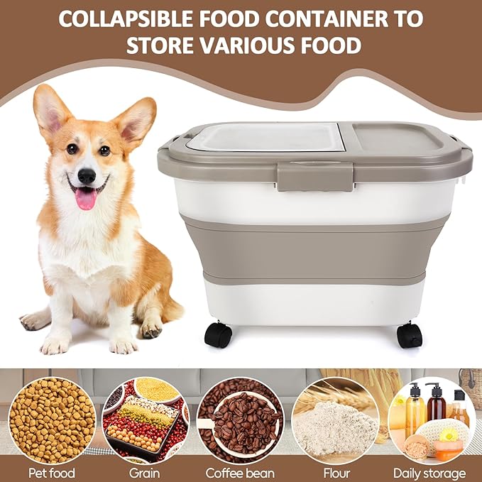 ShineMe 20Lbs Collapsible Pet Food Storage Container with Airtight Lid, Dog Food Storage Container with Measuring Scoop and Cup, Wheels & Handle for Easy Moving, Keep Dry Food Fresh (Khaki)