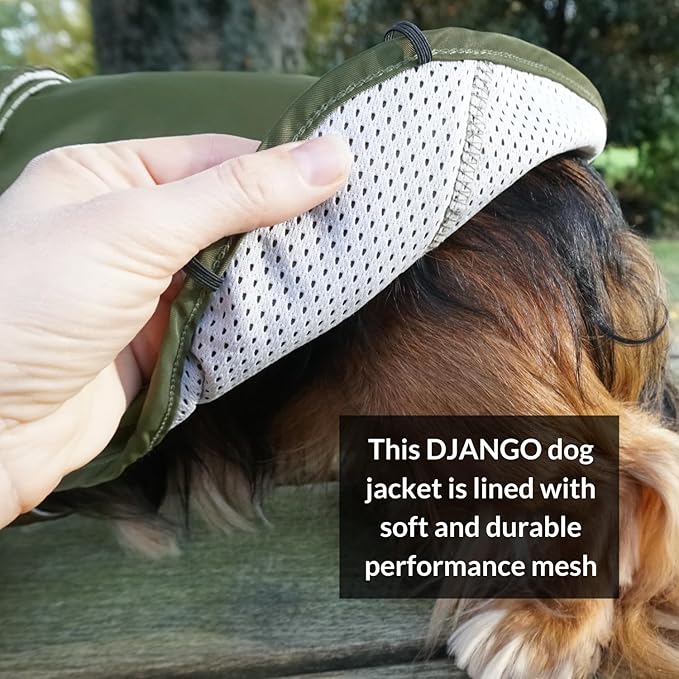 DJANGO Dog Jacket & Raincoat – Lightweight Water-Resistant Coat for Small, Medium & Long Dogs Like Dachshunds – Reflective, Adjustable Fit, Harness-Compatible & Easy-Access Harness Hole - Green, Large