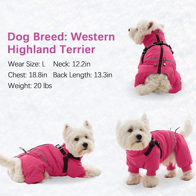 BRKURLEG Dog Winter Coat with Harness Built in, Winter Dog Jacket for Small and Medium Dogs, Small Dogs Snowsuit Reflective Windproof Cold Weather Coat, Puppy Warm Fleece Coats, Hot Pink, XXL