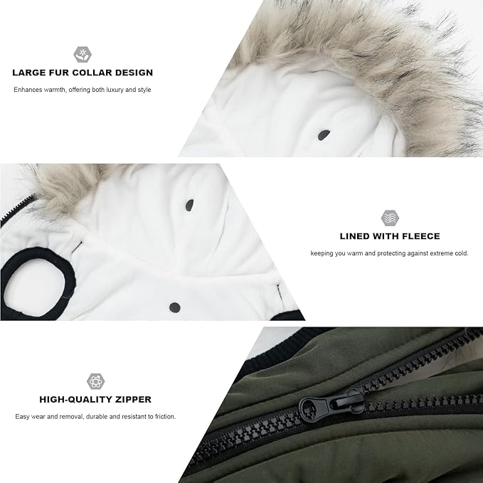 PINA Dog Winter Coat Winter Jacket with Waterproof Fabric, Faux Fur Hood, Reflective Strap for Small Medium Large Dogs, Green, 3XL