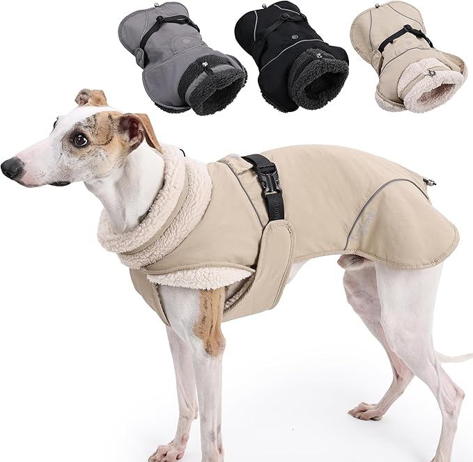 Adjustable Dog Coat with Harness Slot, Waterproof Fleece Lined Winter Jacket, Windproof Reflective Pet Vest for Cold Weather for Small Medium Large Dogs (Beige, Large)