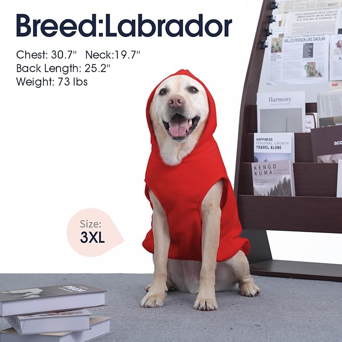 IECOii XXL Dog Hoodie for Large Dogs, Fleece Dog Sweatshirt for Large Breed Male Female Dogs,Pet Pouch Hoodie Winter Sweater Coat with Leash Hole, Warm & Lightweight Outfit for Pitbull, Red, 2XL