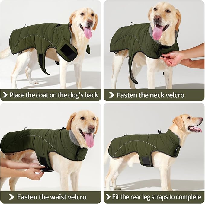 HEYWEAN Dog Winter Coat - Waterproof Windproof Reflective Vest for Medium & Large Breeds Adjustable Warm FleeceLined Jacket with Magic Tape & D-Ring for Leash Cold Weather Apparel (Green, X-Large)