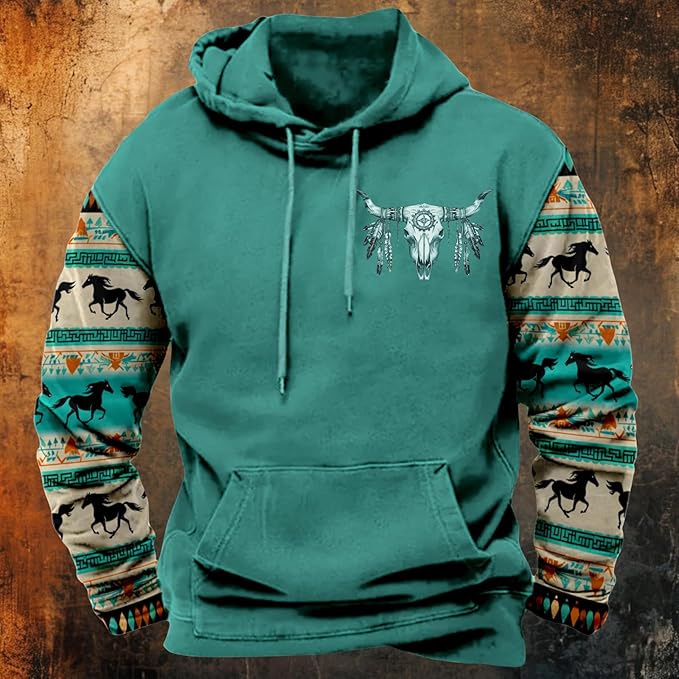 HOTYD Mens Western Aztec Sweatshirts Long Sleeve Fall Fashion Drawstring Pullover Vintage Graphic Cowboy Hoodie for Men