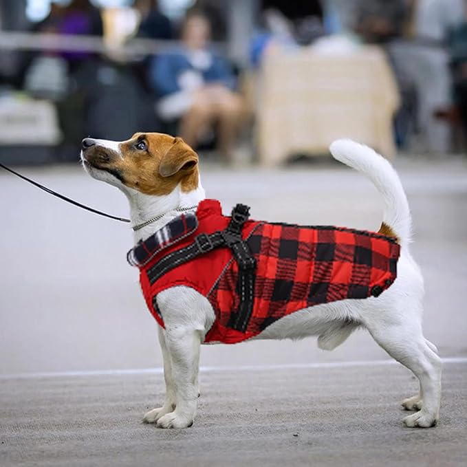 Dog Coat with Harness,Small Dog Winter Coat,Doggie Jackets with Built in Harness,Adjustable Warm Jacket for Medium Large Dogs,Pet Puppy Cold Weather Coats for Dogs Waterproof (PlaidRed, Medium)
