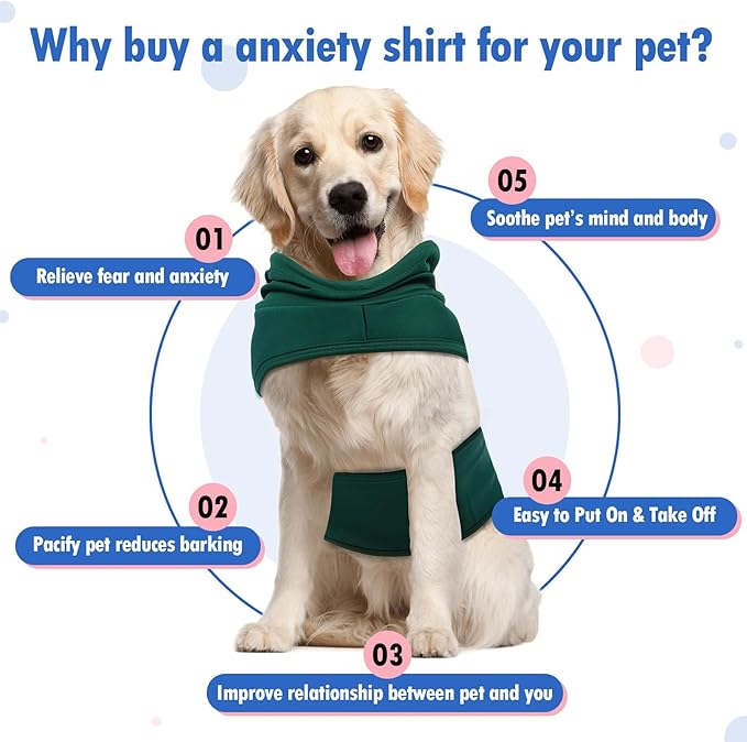 Large Anxiety Shirt for Medium Dogs with Adjustable Chest | Fireworks Calming Vest with Hood Neck Wraps,Anxiety Relief for Separation,Breathable Soft for All-Seasons(DarkGreen)