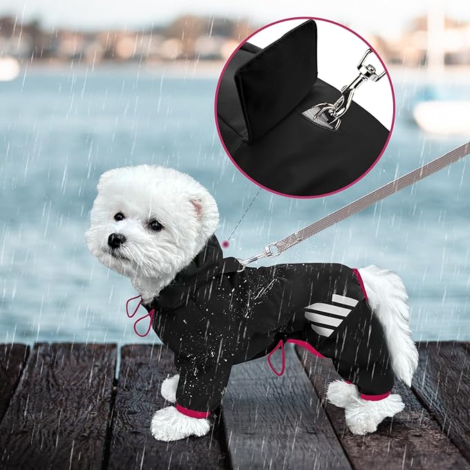 Dog Raincoat, Waterproof Dog Rain Jacket with Hood, Rain Coat with Leash Hole, Reflective Strap for Small Medium Dogs, Lightweight Puppy Clothes(Black,S)