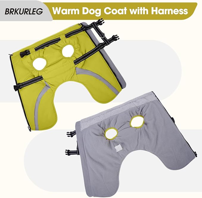 BRKURLEG Dog Winter Jackets for Small Dogs, Dog Coat with Harness Built in, Dogs Snowsuits with Zipper, Waterproof Windproof Pet Puffer Jacket Fleece Vest for Chihuahua, Yorkie, Green XS