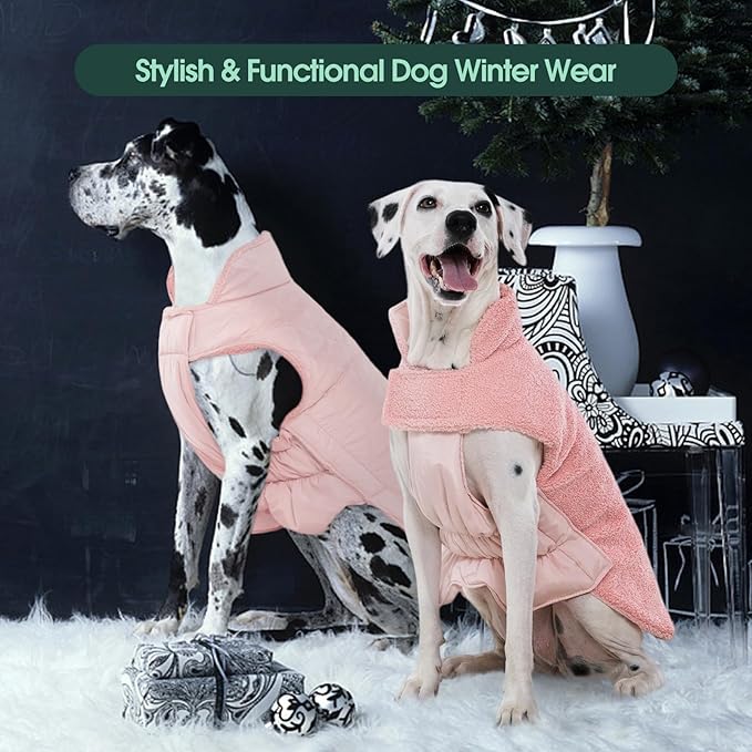 Kuoser Reversible Dog Coat – Warm Fleece & Quilted Waterproof Dog Jacket, Double-Sided Cold Weather Dogs Winter Coat with Harness Hole, Windproof Pet Snow Vest for Small Medium Large Dogs, Pink XS