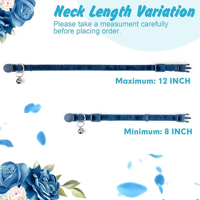 azuza 2 Pack Cat Collar Floral with Bell and Removable Flower Bowtie Breakaway Adjustable Velvet Fabric Cat Collar for Pets and Daily Decoration,Blue & Royal Blue