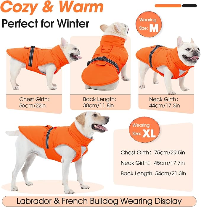Extra Large Dog Coat, Warm Dog Winter Jacket, Waterproof Dogs Snowsuit with Foldable High Collar, Reflective Strips, Adjustable Hook & Loop Closure - Ideal for Cold Weather - Orange 4XL