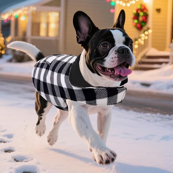 ASENKU Dog Winter Coat, Fleece Doggie Jacket Plaid Reversible Vest Waterproof Windproof Cold Weather Clothes for Small Medium Large Dogs (White, XL)