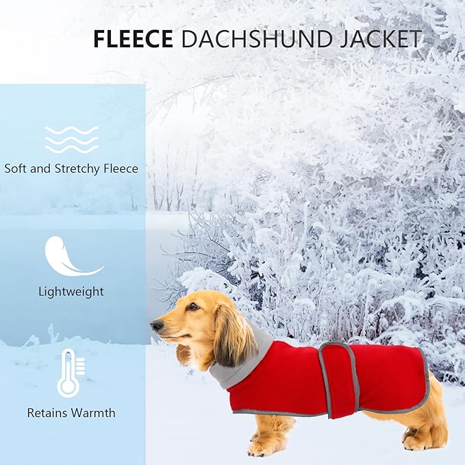 Geyecete Dachshund Sweater - Padded Fleece Dog Jacket for Winter, Dachshund Coat with High Collar, Red, S