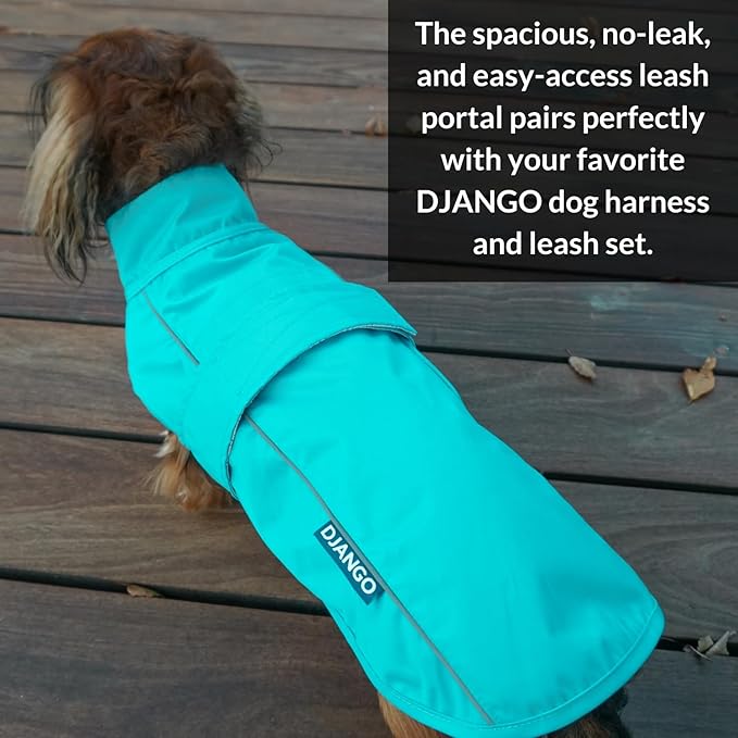 DJANGO Dog Jacket & Raincoat – Lightweight Water-Resistant Coat for Small, Medium & Long Dogs Like Dachshunds – Reflective, Adjustable Fit, Harness-Compatible & Easy-Access Harness Hole - Blue, Small