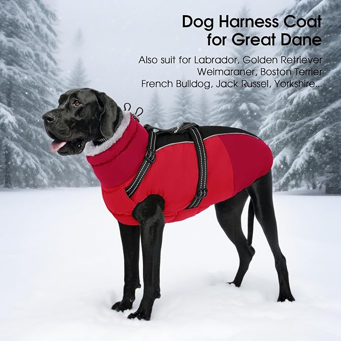 SUNFURA Dog Coat, XXXL Dog Jacket with Harness Built in, Waterproof Pet Winter Coat Snowsuit with Zip, Reflective Fleece Jacket for Extra Large Dogs, Great Dane, Red 3XL