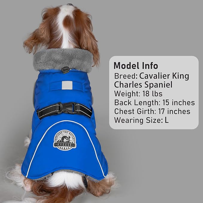 KYEESE Waterproof Dog Coat, Windproof Winter Jacket with Thick Fleece Lining, Extra Warm Turtleneck Dog Coats for Medium Dogs with Leash Hole and Reflective Design, Blue, X-Large