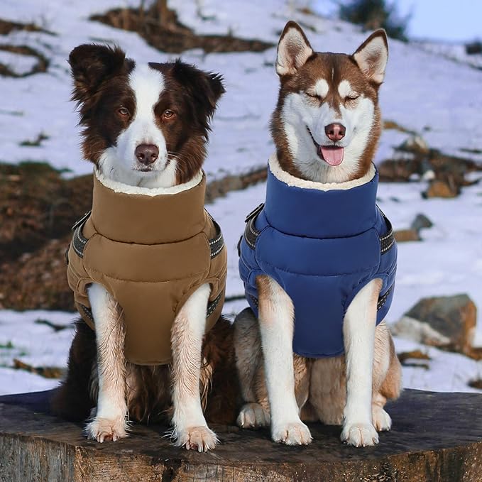 Dog Winter Coat with Harness Built in Warm Puffer Dog Jackets for Small Medium Large Dogs Windproof Waterproof Outfit with Plush Lining and Reflective Stripes (Brown, S)