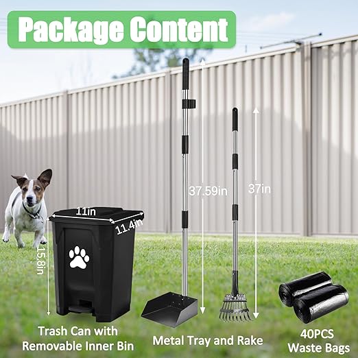 Pooper Scooper for Large Small Dogs, Poop Scooper Set-Long Handle Tray & Rake, Dog Poop Trash Can with Lid for Outdoors Yard Garden, 20L