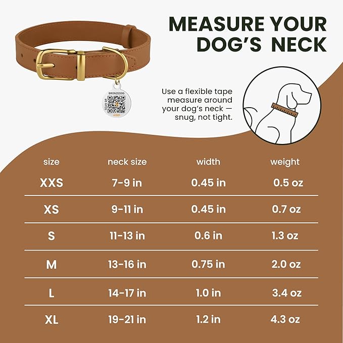 BRONZEDOG Leather Dog Collar with QR ID Tag Basic Pet Collars for Small Mini Dogs Cats Puppies (7-9 Inch (Pack of 1), Light Brown & Gold Buckle)