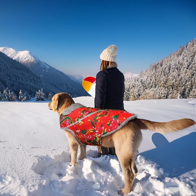 VIVAGLORY Snowrap Dog Coat, Jacket with Harness Hole & Velcro Closure, Dog Coat for Winter & Cold Weather, Fluffy Warm Fleece Lined Reflective Water Resistant for Puppy, L, Northeast Florals-Red