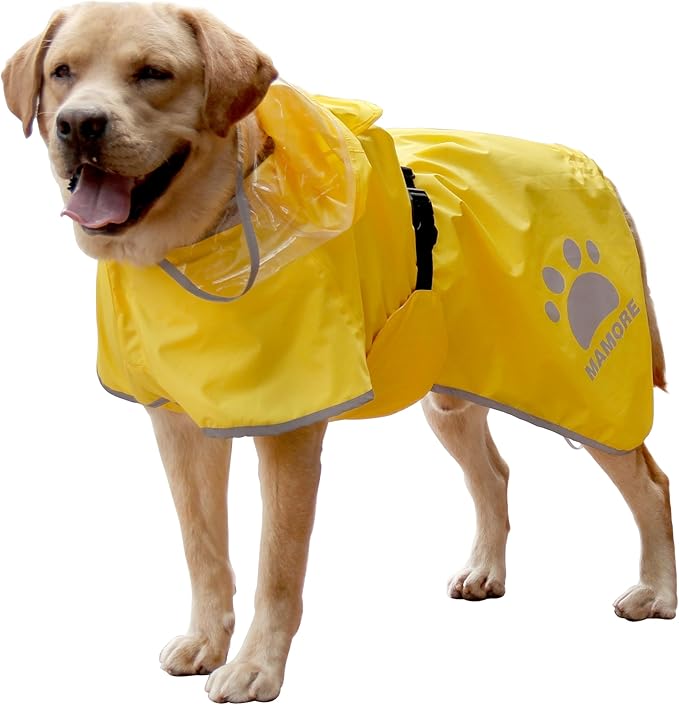 MAMORE Dog Raincoat Waterproof, Lightweight Adjustable Dog Rain Coat Hooded Poncho with Reflective Strip for Large Medium Small Dogs (Yellow, XX-Large)