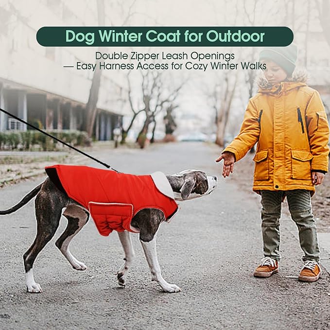 Kuoser Dog Coat Large, Cold Weather Reflective Waterproof Dogs Jacket with Warm Fleece Lining, Turtleneck Dog Winter Coat with Zipper, Doggy Snow Jacket Pet Coats for Small Medium Large Dogs, Red 2XL