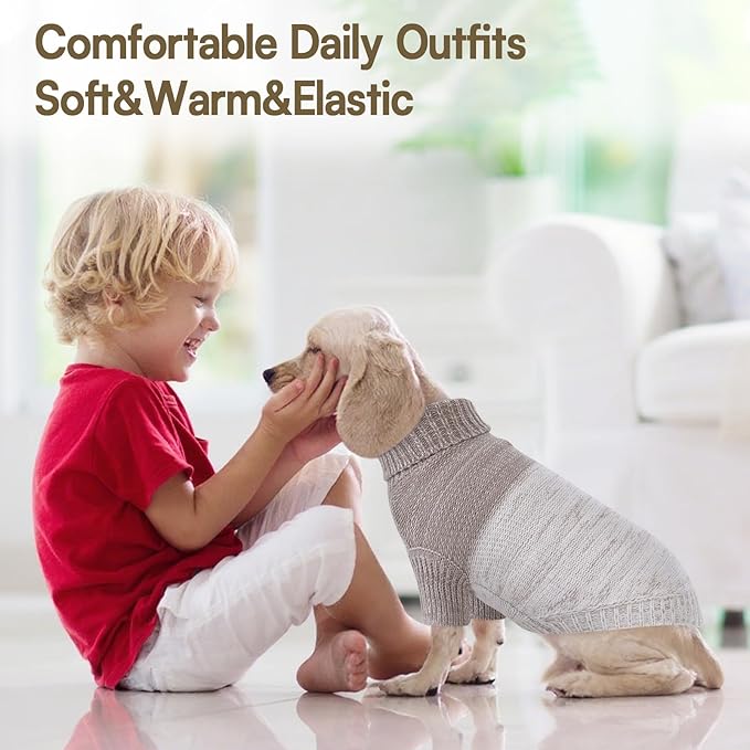 Queenmore Small Dog Sweater, Knitted Pullover Puppy Sweater,Cold Winter Pet Sweaters for Dog Girls Boys, Soft Turtleneck Knit Sweater with Leash Hole,Long Sleeves Christmas DogSweater(Khaki,XS)