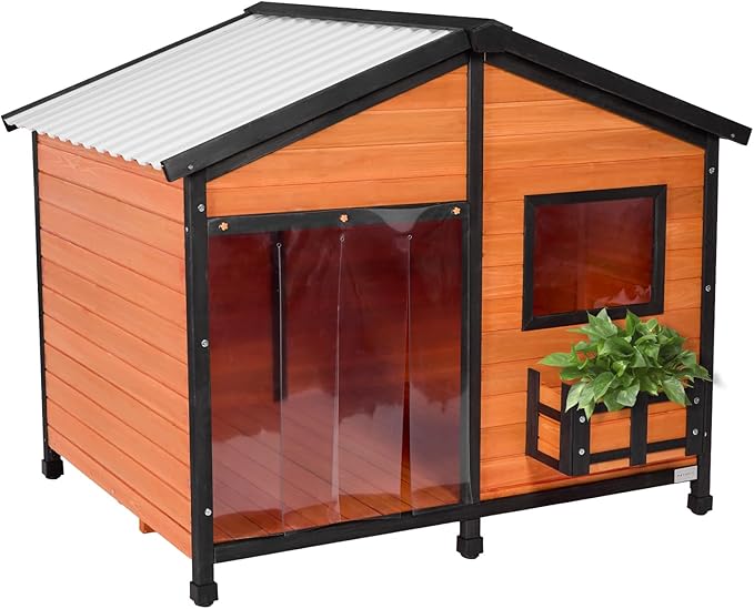 Petsfit Large Dog House Outdoor, Wooden Shelter for Extra Large Breeds Up to 200lbs, Weatherproof Roof, Removable Bottom Panel & Elevated Floor, 47-Inch, Natural Brown