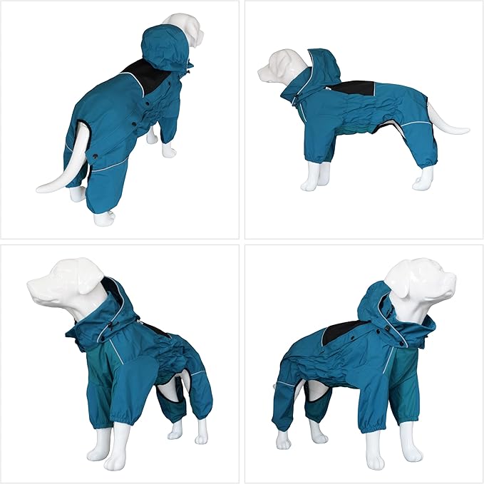 LOVELONGLONG Waterproof Dog Raincoat with Removable Hood – Outdoor Full Body Dog Jacket, Windproof Snowproof Shell Suit – All Season Pet Rain Gear Ocean Teal 3XL