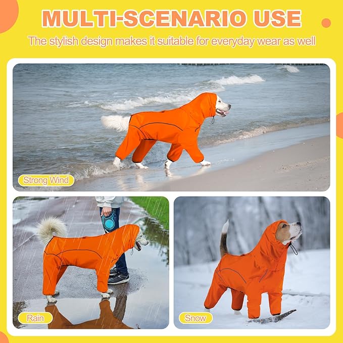 Dog Raincoat, Waterproof Dog Rain Jacket with Removable Hood,Adjustable 4 Legs Pet Poncho with Leash Hole,Reflective Stripe Hooded Snowproof Windproof Clothes for Small to 3X-Large Dogs, 2XL