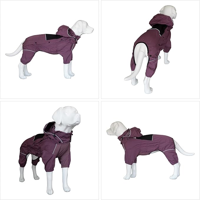 LOVELONGLONG Waterproof Dog Raincoat with Removable Hood – Outdoor Full Body Dog Jacket, Windproof Snowproof Shell Suit – All Season Pet Rain Gear Plum Purple 3XL