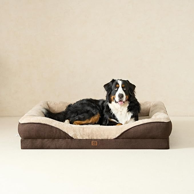 EHEYCIGA Memory Foam XL Dog Bed for XLarge Sized, Extra Large Orthopedic Dog Sofa with Sides and Waterproof Liner, Washable Bolster Pet Bed Couch with Removable Cover, 42x30x7.5 Inch, Brown