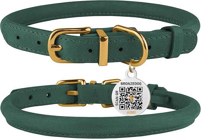 BronzeDog Rolled Leather Dog Collar with QR ID Tag, Adjustable Soft Round Collars for Small Medium Large Dogs Puppy (14" - 16" Neck Size, Emerald Green)