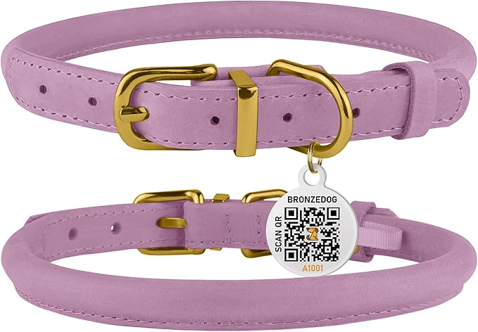 BronzeDog Rolled Leather Dog Collar with QR ID Tag, Adjustable Soft Round Collars for Small Medium Large Dogs Puppy (9" - 11" Neck Size, Lavender)