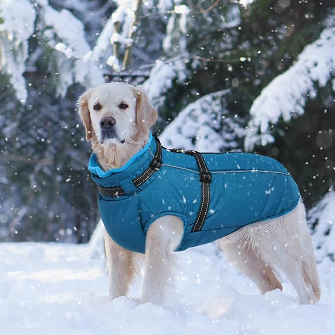 Lelepet Waterproof Dog Jacket with Harness Built in Warm Dog Winter Coat, Windproof Reflective Fleece Jacket, Dogs Coats for Medium Dogs,Thermal Pet Snowsuit for Cold Weather, Schnauzer, Pug, Blue M