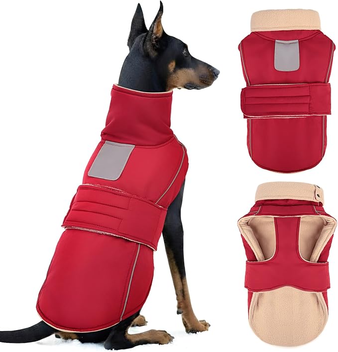 ASENKU Warm Dog Coat, Waterproof Dog Jackets for Large Dogs with Reflective Fleece Vest Turtleneck with Button,Windproof Cold Weather Coats for Small Medium Large Dogs, Dark Red, 4XL