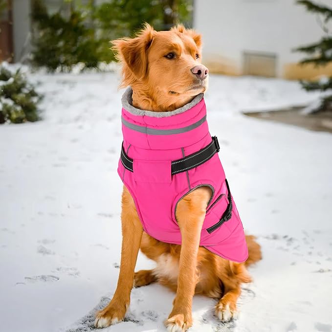PETDSH Dog Coat Medium, Built-in Harness Dog Jacket with Warm Fleece Lining, Waterproof Reflective Dogs Winter Coat, Pet Coats with Pocket and Trash Bags (Pink, Medium)