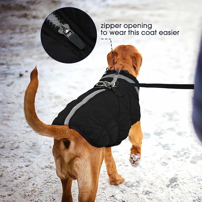 FUAMEY Dog Coat for Small Dogs,Waterproof Dog Winter Jacket with Harness Built in Puppy Cold Weather Coats Reflective Pet Vest with Zipper Warm Fleece Dogs Snowsuit Windproof Solid Black S