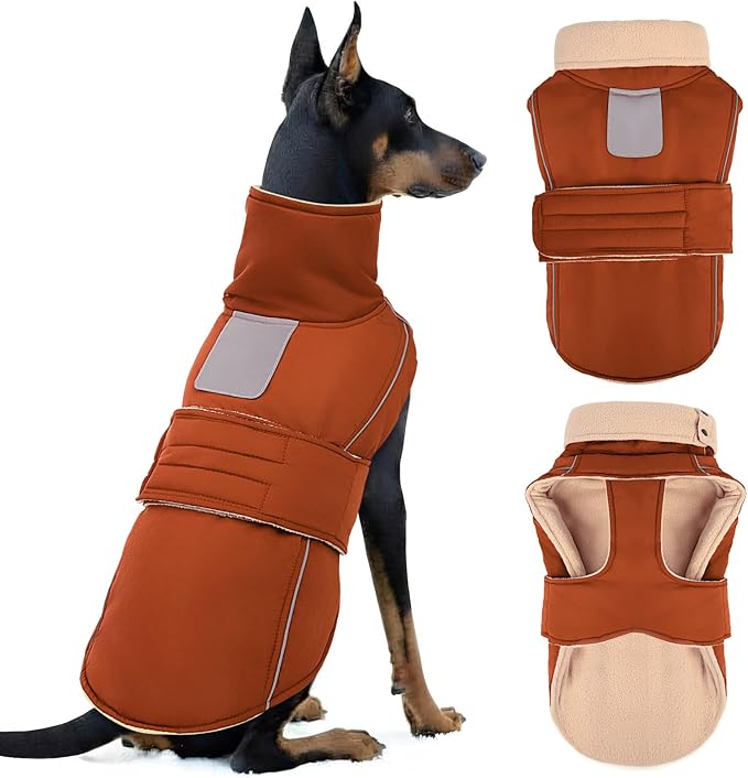 ASENKU Warm Dog Coat, Waterproof Dog Jackets for Large Dogs with Reflective Fleece Vest Turtleneck with Button,Windproof Cold Weather Coats for Small Medium Large Dogs, Red Brown, 2XL