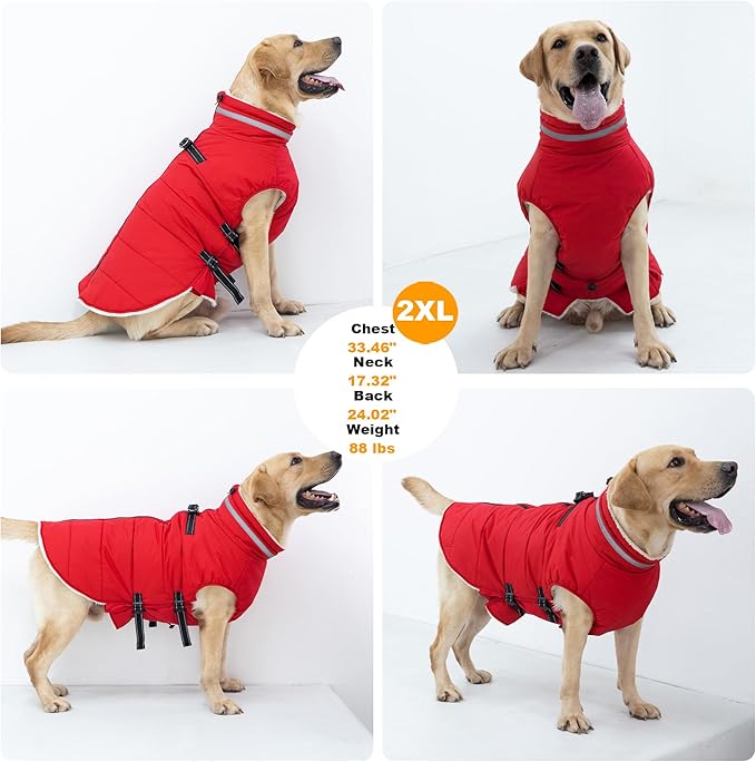 Large Dog Coat with Harness Built-in, Waterproof Reflective Fleece Lined - Warm Windproof Winter Jacket with Back Zipper, Cold Weather Snow Dog Coats - Red - XL