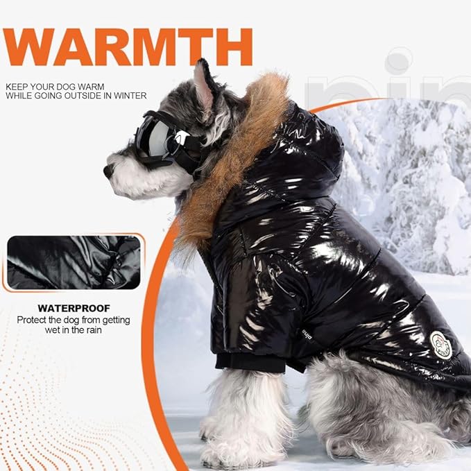 PINA Dog Winter Coat with Large Faux Fur Hood, Windproof and Warm, Suitable for Small to Large Dogs, Black, S