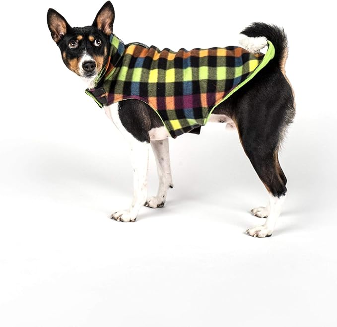 The Worthy Dog Fargo Fleece Check Dog Jacket, Adjustable Reversible with Harness Hole, Wind-Resistant, Winter Outdoor Clothes for Pets, Red - 14''